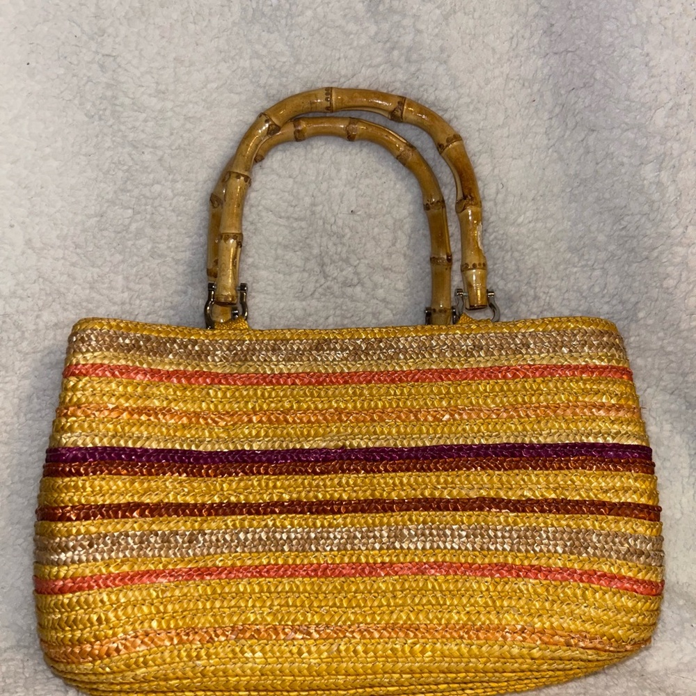 Yellow Striped Woven Shoulder Bag with Bamboo Handles